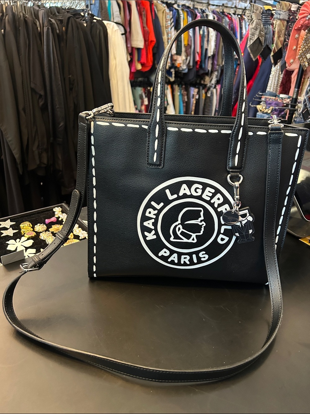 Karl Lagerfeld Black Tote with White Logo Stitching